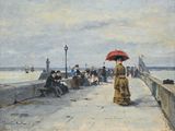 un tableau représentant une femme avec un parapluie rouge sur une jetée