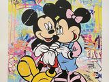 painting of mickey and minnie hugging each other in front of a graffiti wall