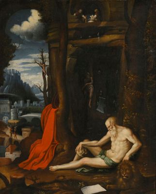 une image représentant un tableau où l'on voit un homme assis dans une grotte