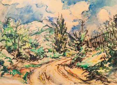 a watercolor painting of a dirt road in the woods