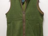 the vest is green with brown trims and a zipper on the front