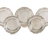 six silver plated dishes on a white surface with a white background
