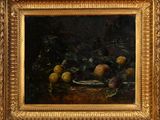 une peinture à l'huile représentant un bol de fruits posé sur une table
