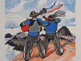 drawing of two men with hats and a baseball bat on a field