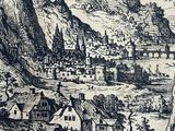an old drawing of a village with a castle on a hill