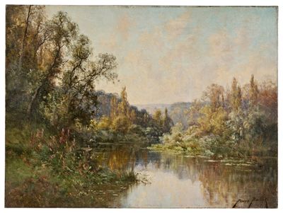 l'image d'une peinture représentant une rivière avec des arbres en arrière-plan