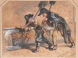 a painting of a man helping another man with a cane