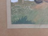 a picture of a painting of a cow in a field