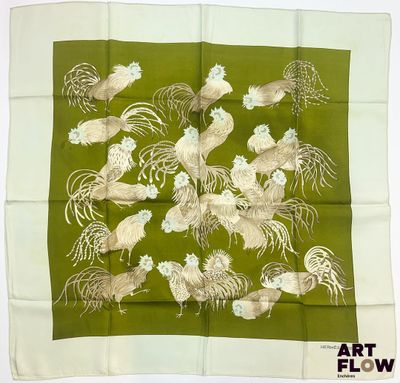 foulard en soie vert et blanc orné de coqs et de poules