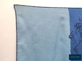 a picture of a blue scarf with a picture of a man on it