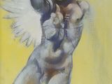 une peinture à l'huile représentant un homme nu ailé sur fond jaune