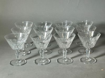 six wine glasses are lined up in a row on a table