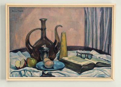 a painting of a still life with a teapot, apples, and a book on a table