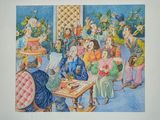 une peinture représentant un groupe de personnes assises autour d'une table