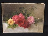 a painting of roses in a vase on a table