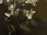 painting of white flowers in a glass vase on a table