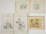 a group of four drawings of people and animals in a book