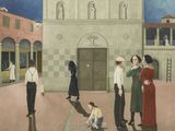peinture d'un groupe de personnes devant un bâtiment