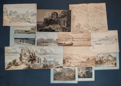 several different pictures of a bunch of paintings on a blue surface