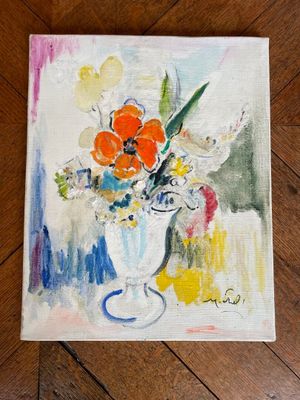 an oil painting of a vase of flowers on a wooden floor