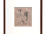drawing of a man sitting on a bench in front of a window