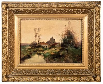 a painting of a farm scene with a river and a house in the distance