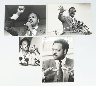 several black and white photos of a man speaking into microphones
