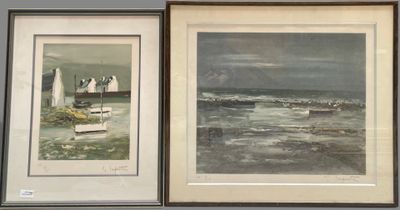 two framed pictures of boats on the water and a boat in the water
