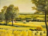 une peinture à l'huile représentant une scène de campagne avec des balles de foin et des arbres