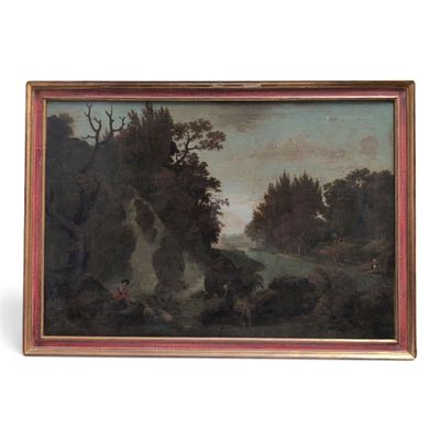 an old painting of a landscape with a waterfall in the foreground