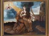 une peinture à l'huile représentant une femme assise sur un rocher, avec un oiseau dans le ciel