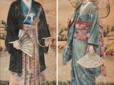 two pictures of a man and a woman dressed in traditional japanese clothing