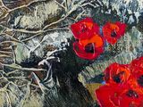 painting of red flowers in a vase sitting on a table