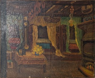 une image représentant un tableau d'une chambre à coucher avec un lit et une chaise