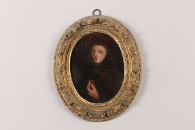 painting of a woman holding an apple in a gold oval frame