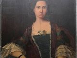 an old painting of a woman in a blue dress holding a flower