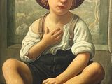 tableau représentant un jeune garçon assis sur le rebord d'une fenêtre, coiffé d'un chapeau