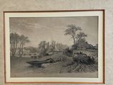 an old picture of a farm scene in a frame on a table