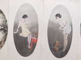four different pictures of women in dresses on the wall