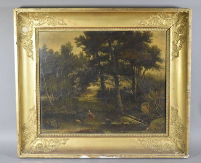 an image of a painting of a landscape with trees and a man