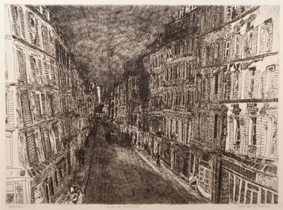 drawing of a narrow street in a city with tall buildings