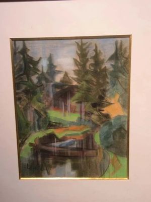 a picture of a painting of a boat in the water