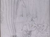 drawing of a man on a horse and a woman on a horse in a cave