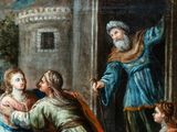 an image of a painting of a man standing next to a group of people