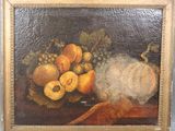 an oil painting of a still life of fruit and vegetables on a table