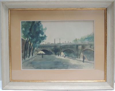 une photo d'un tableau représentant un pont, dans un cadre