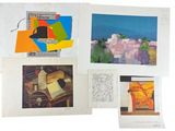 several paintings of different colors and shapes are displayed on a white surface