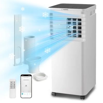 an image of a white air conditioner with a remote control