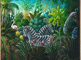 painting of two zebras in a tropical jungle with flamingos