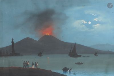 une peinture représentant un volcan au loin, avec des personnes debout dans l'eau